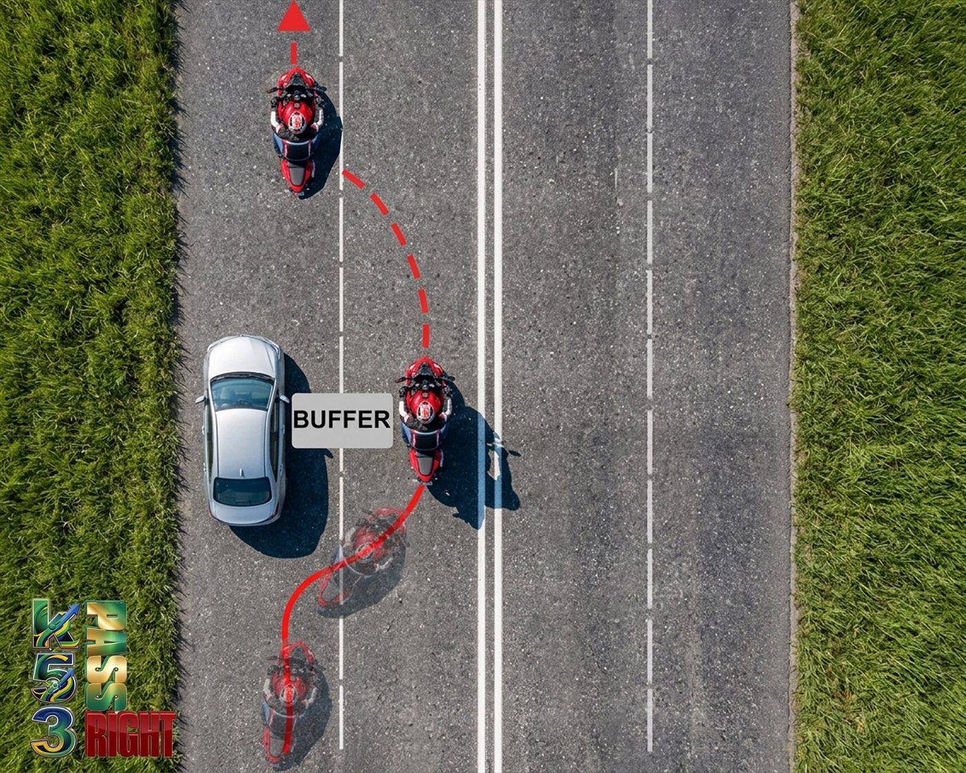 Motorcyclist creating a buffer from a vehicle it is overtaking